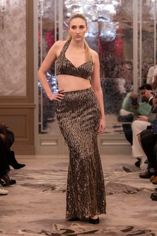 Bronze & Black Sequin Halter Crop Top with High-Waist Skirt