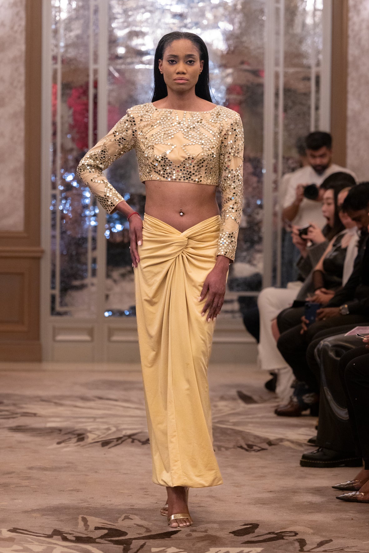 Gold Sequin Crop Top with Draped High-Waist Skirt