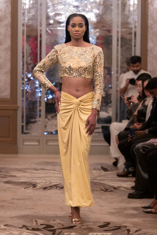 Gold Sequin Crop Top with Draped High-Waist Skirt
