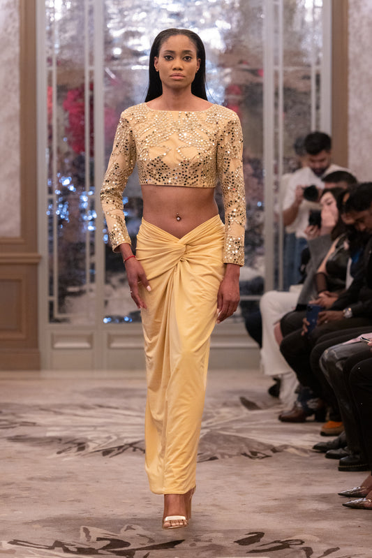 Gold Sequin Crop Top with Draped High-Waist Skirt