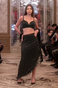Black Sequin Bralette with Feathered Asymmetrical Skirt