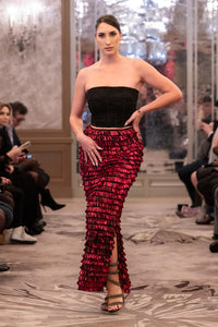 Black Strapless Crop Top with Red Ruffled Skirt