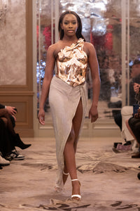 Metallic Bronze Sculptural Bodice with Silver High-Slit Skirt