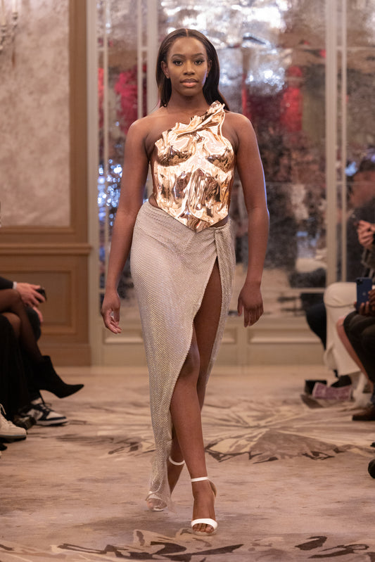 Metallic Bronze Sculptural Bodice with Silver High-Slit Skirt